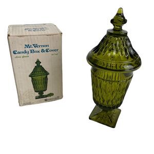 mt. vernon candy box & cover olive green Mod glass Bowl 3362 Footed 9 3/4”
